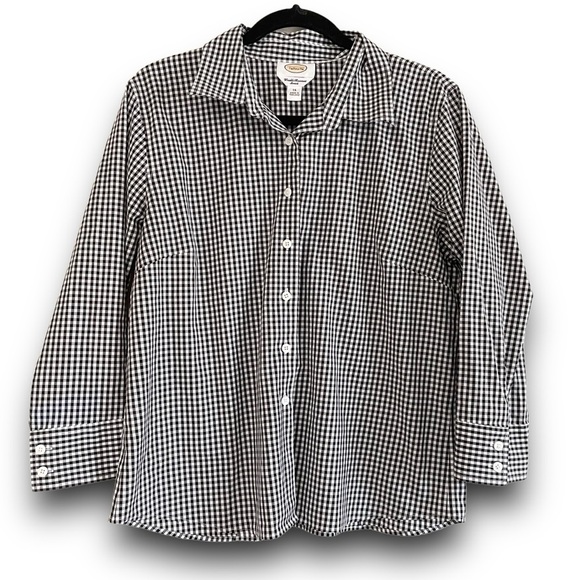 TALBOT'S Black White Gingham Check Wrinkle Resistant Stretch Button Front Top 14 - Picture 1 of 5